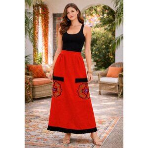 Vintage 60's/70's Orange Embroidered Maxi Hostess Skirt Boho Folk Art Size 10